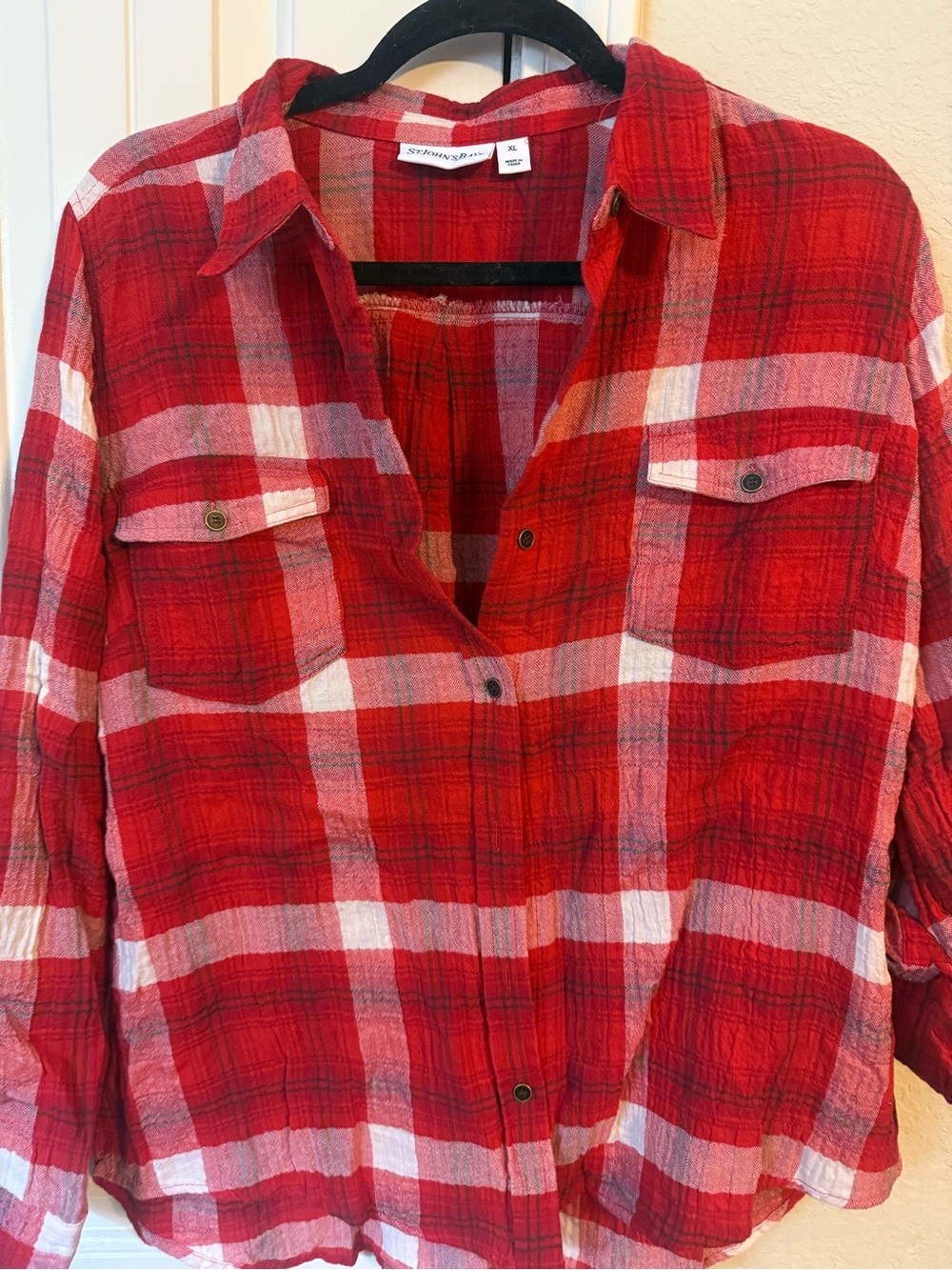 St John’s Bay 99% cotton Red and White Plaid Button-Front Women's Shirt